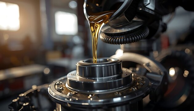 Industrial machinery lubrication process with golden oil pouring into a precision mechanical component in a factory setting