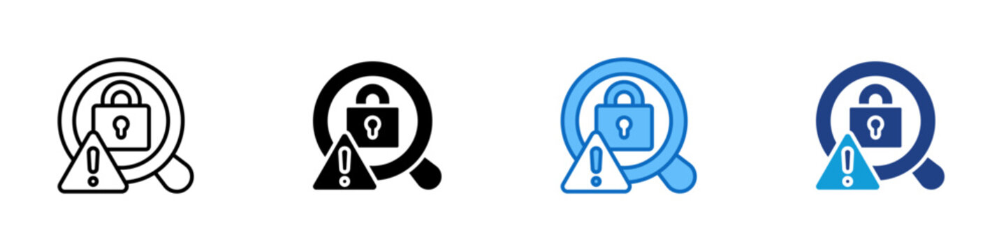 Security Risk Scan Multiple Style Icon Design Vector - Magnifier with lock and warning sign representing security risk detection, access threat monitoring, and vulnerability assessment