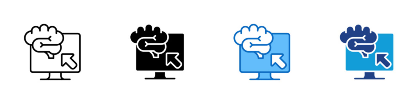 AI Interface Multiple Style Icon Design Vector - Monitor with brain and cursor representing AI interface, intelligent software, and cognitive computing
