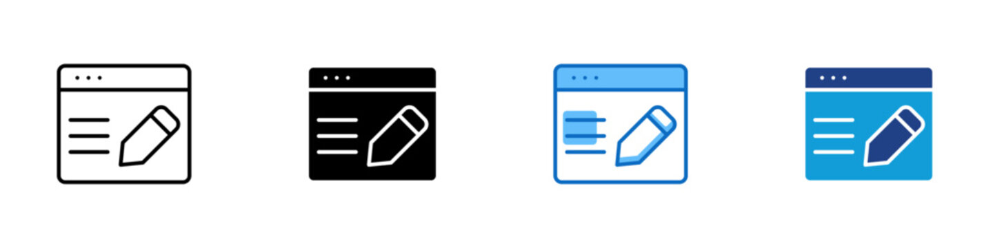 Web Editing Multiple Style Icon Design Vector - Browser page with pencil representing web content editing, online publishing, and website copy revision