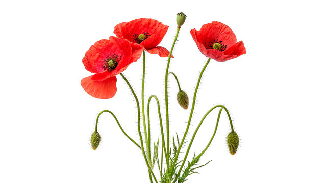 Small bunch of beautiful red poppy flowers papaver rhoeas isolated on transparent background cut out