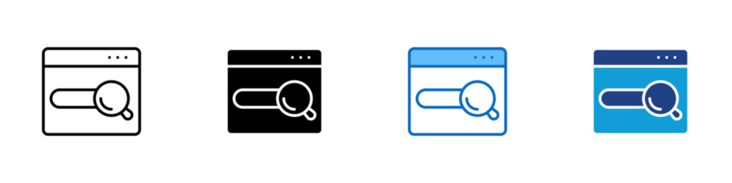 Content Search Multiple Style Icon Design Vector - Browser search bar with magnifier representing content discovery, keyword research, and online information lookup