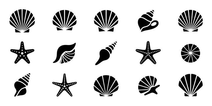 Seashell icon set with starfish, coral shapes, striped shells and smooth waves for summer beach icons