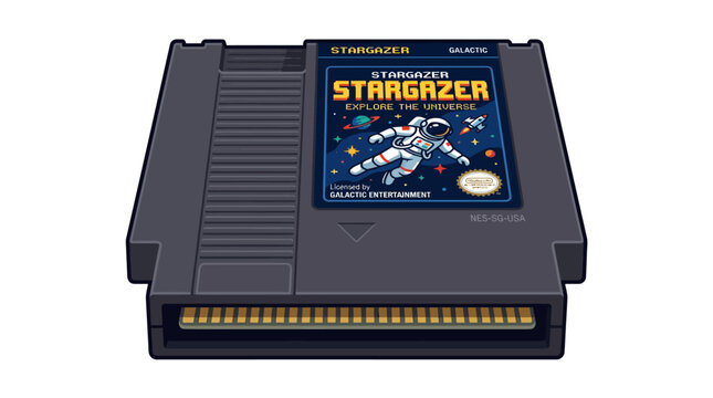 Retro video game cartridge, Stargazer, astronaut exploring space, pixel art