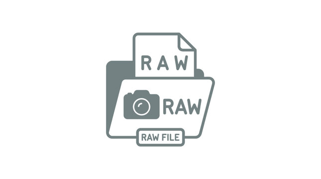 Digital Raw Photo File Icon with Camera Symbol on Folder, Gray Monochrome