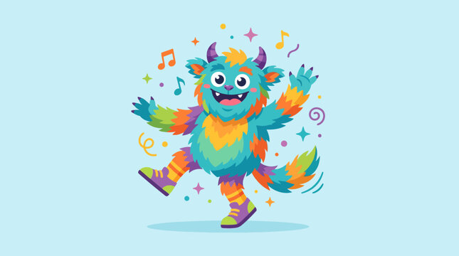 Joyful Cartoon Monster Dancing with Musical Notes and Confetti