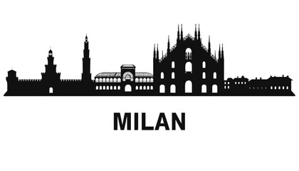 Obraz premium Vector illustration of Milan skyline in black silhouette, with “MILAN” text, on white background, travel artwork, elegant city branding design
