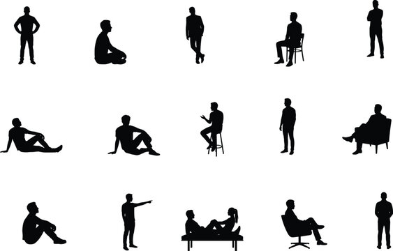 Collection of Human Silhouette Poses Featuring Standing Sitting Reclining and Conversational Figures Isolated on Light Background Vector Set