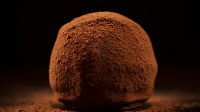 Close-up of a single gourmet dark chocolate truffle covered in rich cocoa powder, dramatically lit against a dark background, emphasizing indulgence and luxury