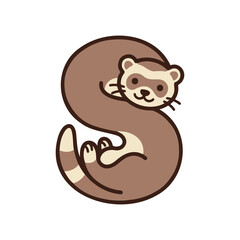 Fototapeta premium Cute ferret wrapped around a large brown letter S, adorable illustration, playful mood, vector graphic design.