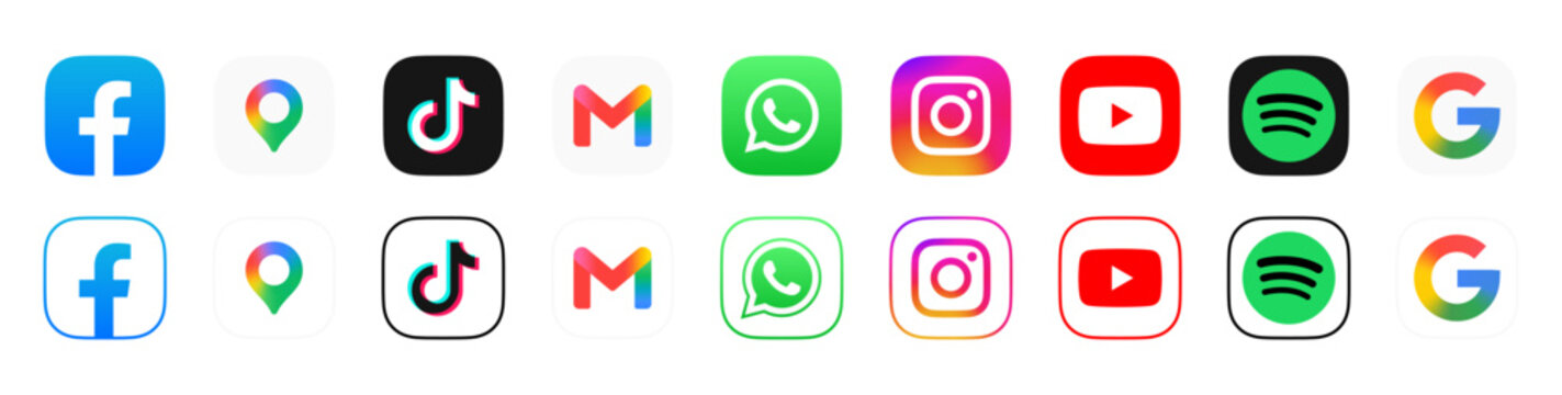 Social media icon logo vector set. Facebook, TikTok, X, WhatsApp, Instagram, YouTube, Google. Popular social media icons button fit for web, mobile app
