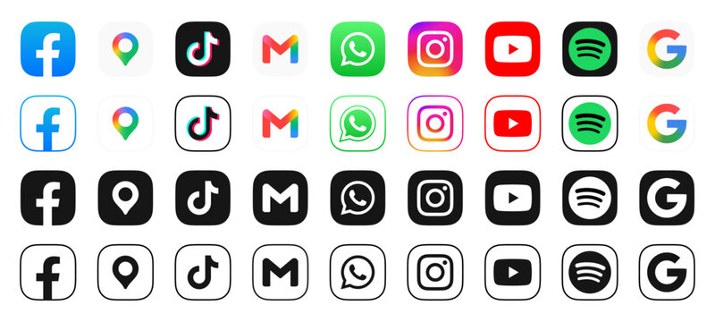 Social media icon logo vector set. Facebook, TikTok, X, WhatsApp, Instagram, YouTube, Google. Popular social media icons button fit for web, mobile app