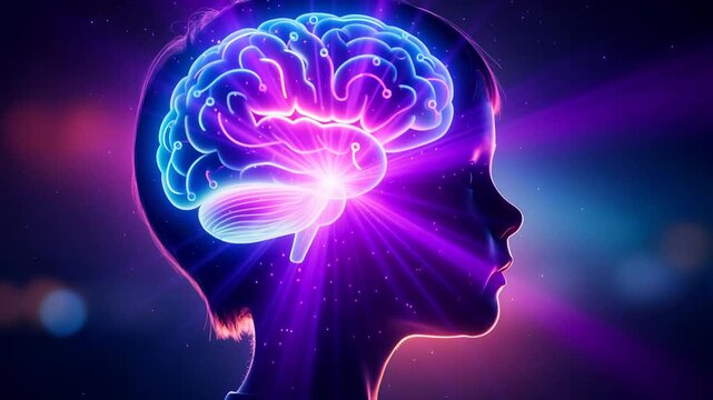 Glowing brain inside a child's head illuminated with neon blue and purple lights futuristic concept