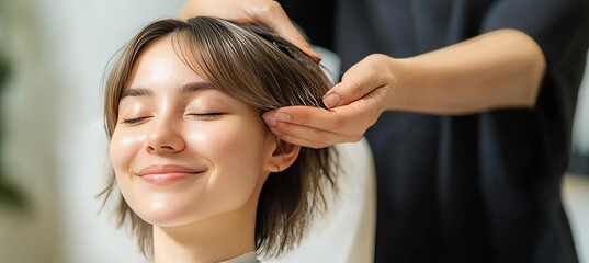 Naklejka premium Relaxed woman enjoying a beauty treatment at a modern salon while a professional cuts her hair