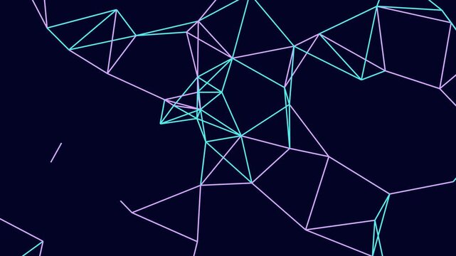 Futuristic digital network connection with glowing geometric lines. An abstract digital animation featuring glowing cyan and pink geometric lines forming a dynamic network. The plexus-style connection
