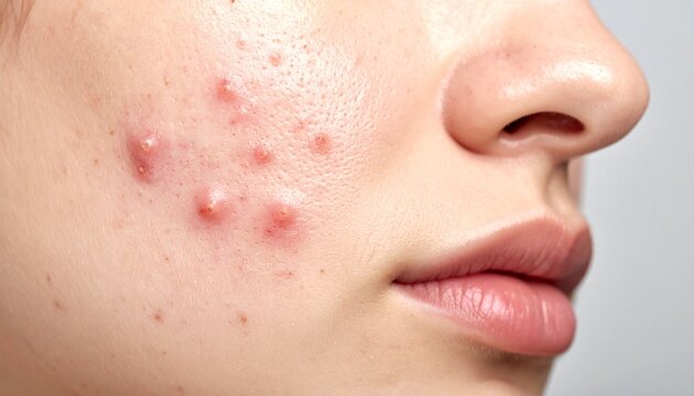 Close-up of human skin with acne breakouts and pimples