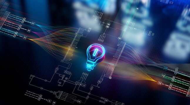 Glowing bulb pulses at the center of digital circuitry. Neon lines flow from schematic diagrams around it. Abstract data streams connect to the bulb's light. The scene suggests innovation