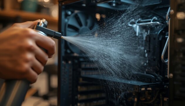 Closeup of a person cleaning the inside of a computer case with a compressed air duster to remove dust and debris from the internal components