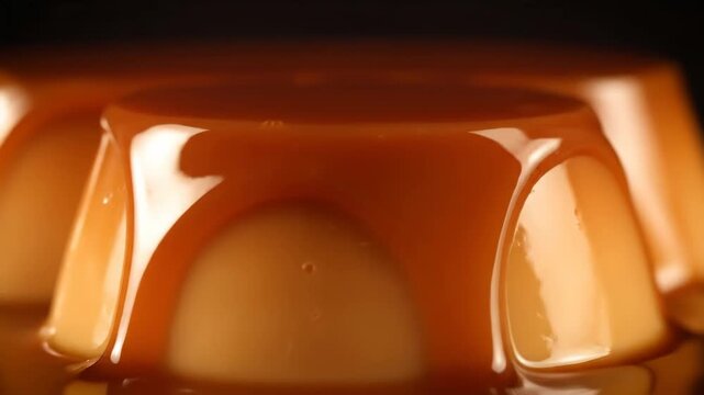 Luxurious caramel sauce dripping down a creamy flan or custard dessert. appetizing close-up of golden syrup pouring over cr&egrave;me caramel on a dark backgro