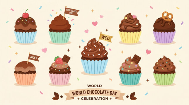 Colorful chocolate cupcakes celebrating world chocolate day with festive decorations and toppings