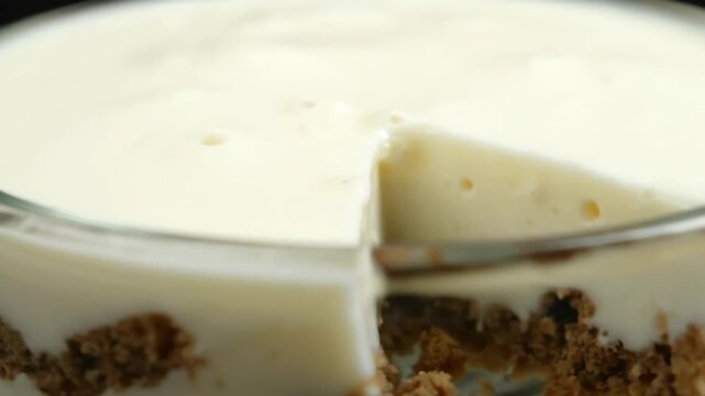 Extreme close-up of thick creamy white layer covering a layered dessert in a glass bowl, showcasing smooth texture and indulgence