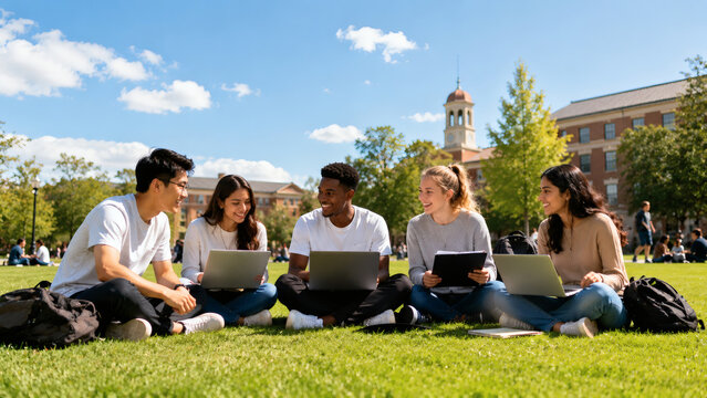 Diverse group of young students collaborating on laptops outdoors on a sunny campus lawn.
