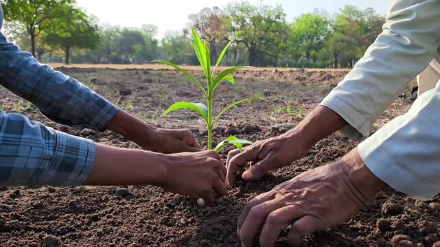Grandfather and grandson planting a young sapling together. Environmental conservation and family legacy concept
