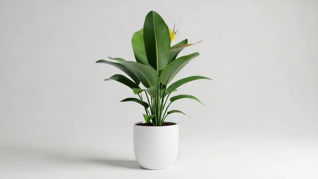 Bird of paradise plant in a white pot isolated on white background