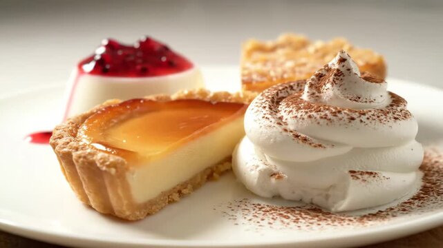 Delicious gourmet dessert platter featuring panna cotta with berry sauce, caramel tart, cheesecake, and whipped cream dusted with cocoa powder.