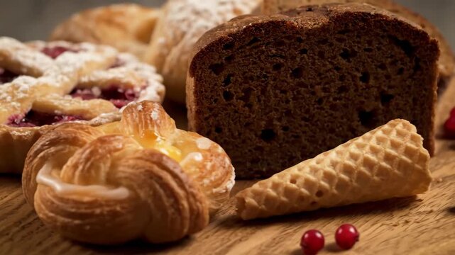 Delicious assortment of freshly baked pastries and artisan bread. close-up of sweet fruit tart, glazed danish, and brown bread loaf displayed on rustic wooden surface.