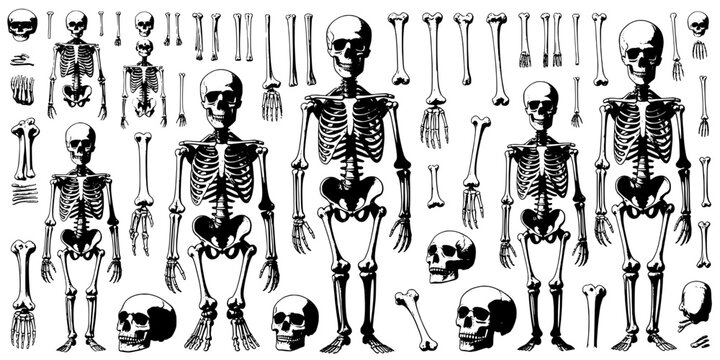 Skeletons anatomical illustration set with detailed bone structures and skulls featuring skeleton, bones, skull with human and anatomy elements for