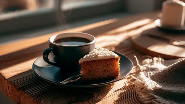 A serene breakfast setup with a cup of coffee and a slice of cake on a wooden table by the window