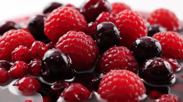 Macro close-up of fresh mixed berries submerged in sweet syrup, featuring ripe raspberries and dark cranberries, highlighting juicy texture and vibrant red and purple colors.