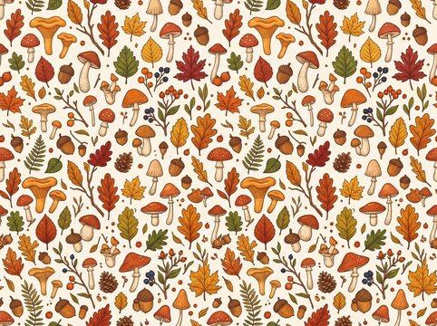 Autumn forest seamless pattern, hand drawn mushrooms and fall leaves background, rustic botanical wallpaper with acorns and berries