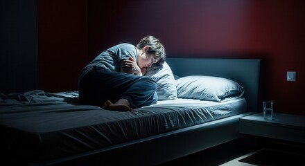 Fototapeta premium Person Suffering From Insomnia in A Dark Room on Bed, Anxious in The Night