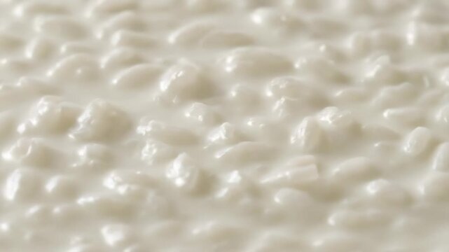 Macro shot of creamy white rice pudding texture. delicious traditional dessert background showing cooked rice grains submerged in sweet milk or cream.