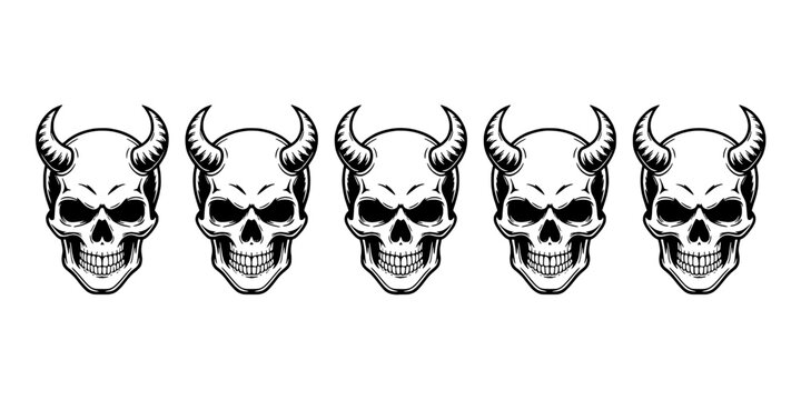 Skull Tattoo Icon Set with Horned Devil Horns, Black Line Art, Monochrome Gothic Design for Biker and Tattoo Graphics