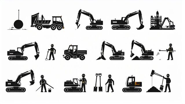 Black demolition and construction work icon set featuring machinery like a wrecking ball and excavator, workers, cleanup tools, and safety equipment for building deconstruction