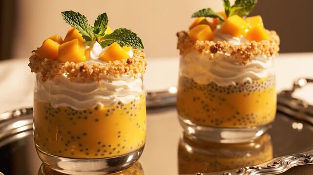 Mango chia seed pudding parfaits topped with whipped cream and fresh mint on a silver tray with warm golden lighting