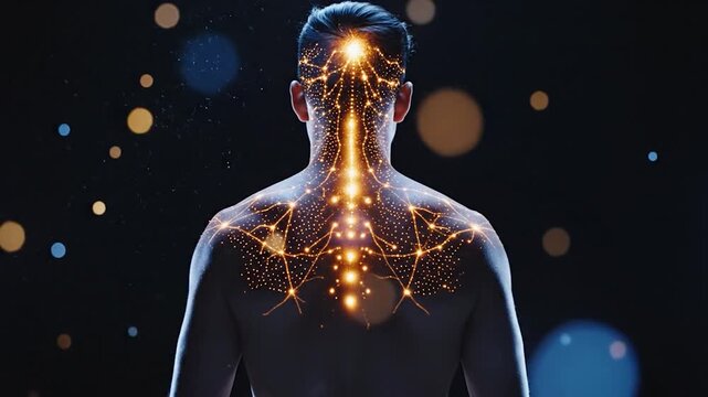 Man from behind with glowing golden neural network showing spine and brain against dark background with bokeh lights