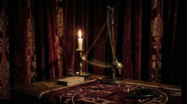 Mystical Seance Atmosphere With Candle Light, Pendulum, And Occultism Focus