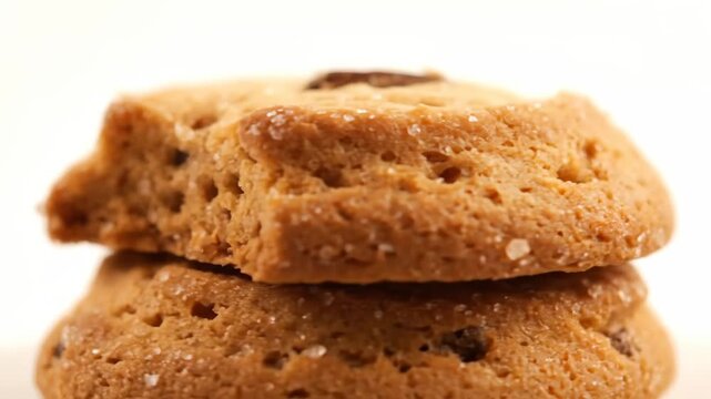Macro shot of stacked golden brown biscuits or cookies with sugar crystals on a white background. delicious sweet baked dessert snack food close up.