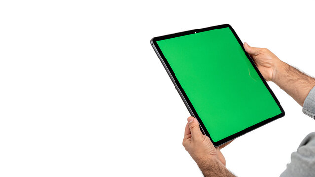 Hand holding modern black smartphone with green chroma key screen on transparent background