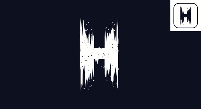 High-contrast black and white abstract image featuring a distorted letter "H" with dripping edges and pixelation