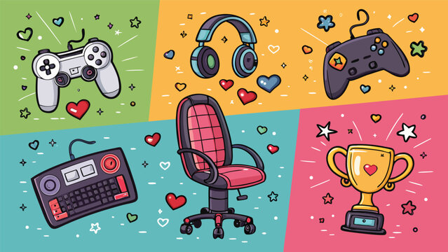Colorful gaming accessories and symbols illustration