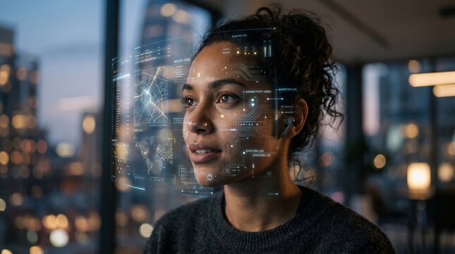 Close Up Portrait of Woman With Futuristic Virtual Interface Overlay