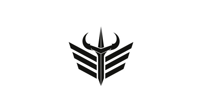 Black emblem featuring a stylized sword with crescent horns and layered chevrons