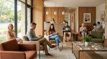 Fototapeta premium People Enjoy Books and Waiting Comfortably In A Modern Medical Center Waiting Area