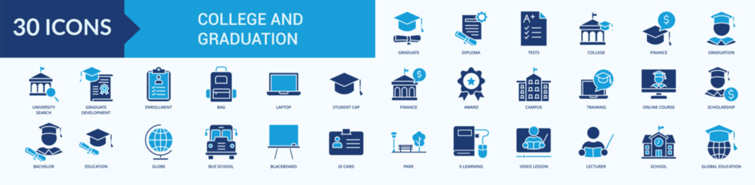 College Graduation Icon Set Flat Blue Style