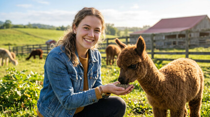 Naklejka premium Young female farmer smiling denim jacket alpaca farm feeding young female farmer in denim jacket smiling while feeding alpaca on sunny rural farm pasture, barn and fence behind, warm evening light